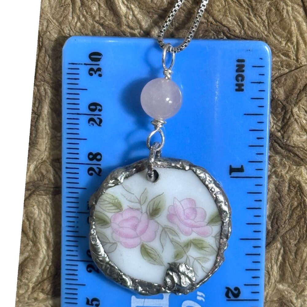 Vintage Broken Bone China Pendant W/ 925 Silver Chain & Rose Quartz Charm - Picture 11 of 15